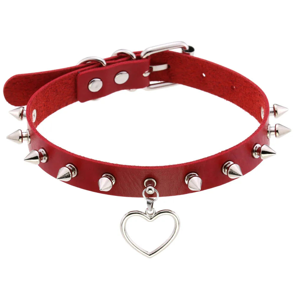 Red Leather Spiked Choker Punk Collar Women Men Bat Heart Chocker Chunky Necklace Goth Jewelry Metal Gothic Emo Accessories