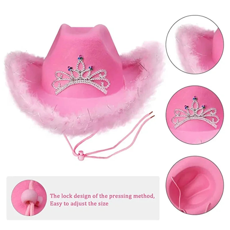 Western Cowboy Caps Pink Cowgirl Hat for Women Girl Tiara glow Cowgirl Hat Holiday Costume Party Hat Feather Edge Fedora Cap