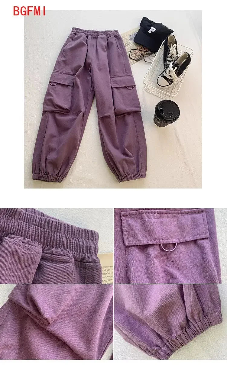 Girls Purple Casual Pants Big Children's Clothing Korean Black Cargo Long Pants Girls 2024 Spring Fashion New Cotton Trousers