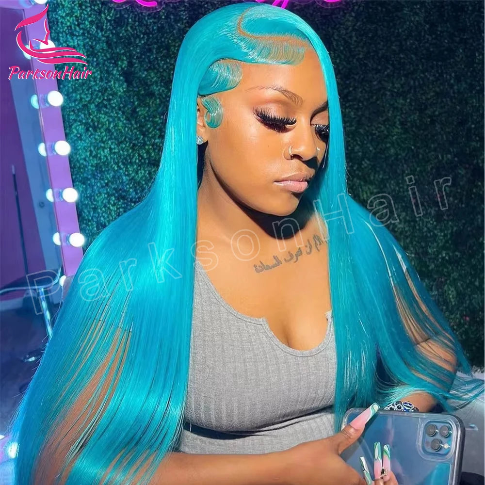 Brazilian Real Hair Blue Color Straight Human Hair Wigs 13×4 13*6 Transparent Lace Frontal Hair Wigs For Women Lace Wigs 250