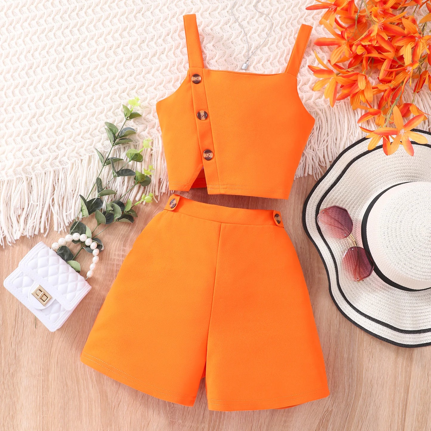 2024 Girls Set 7 8 9 10 11 12 Years Old Summer Minimalist Sleeveless Strap + Shorts Suit Casual Teen Outfit Kids Girl Clothes