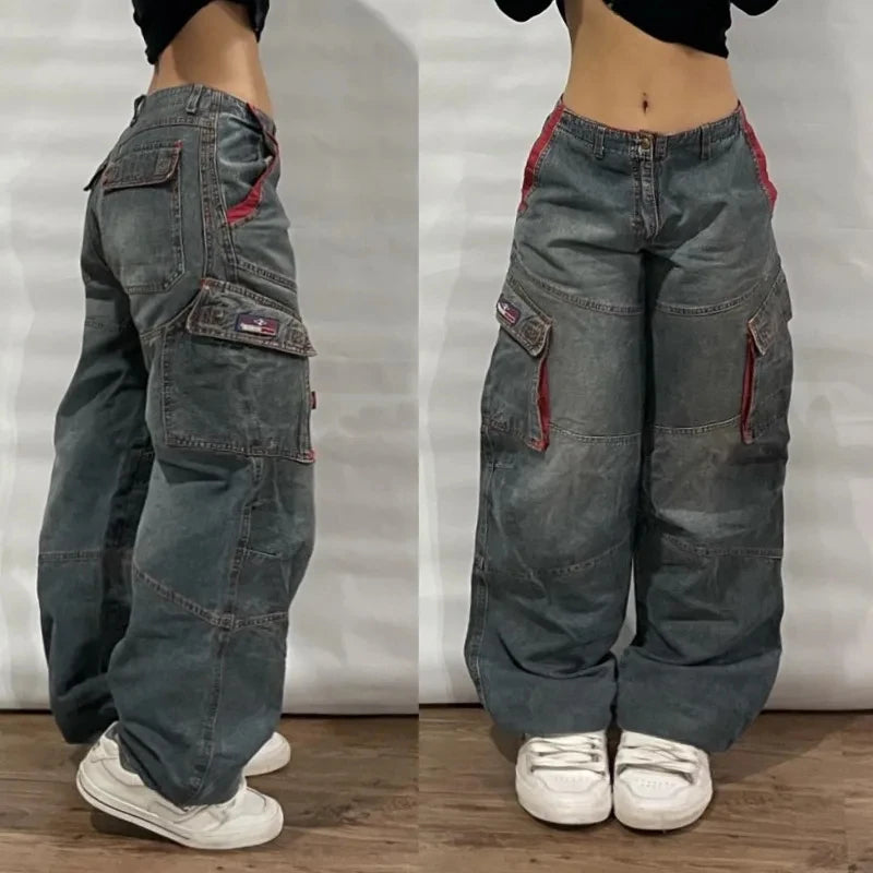 Streetwear New Fashion Old Washing Heavy Industry Big Pocket Black Baggy Jeans Men Y2K Rock Hiphop Dark Casual Wide-leg Trousers
