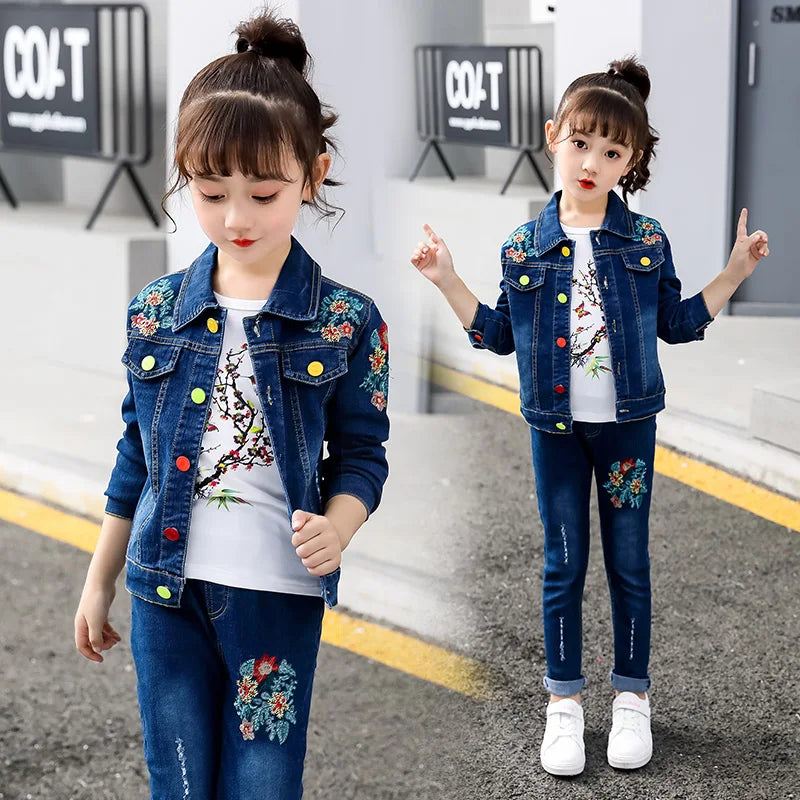 Children Girls Autumn Spring Clothing Set Baby Kids Embroidered Clothing Sets Fashion Denim jacket + Jean pant 2 pcs Suit Set