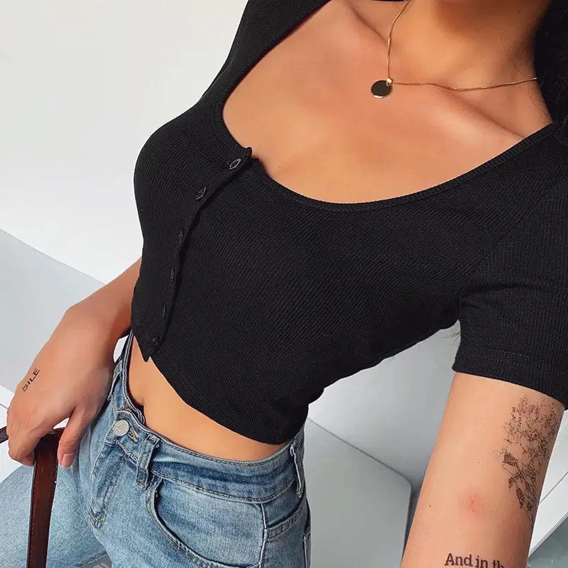 90S Vintage Y2k Cropped Top Woman Korean Fashion Kpop T-shirt Women Buttons Skinny Sexy White Knit Tee Shirt Japanese Clothes