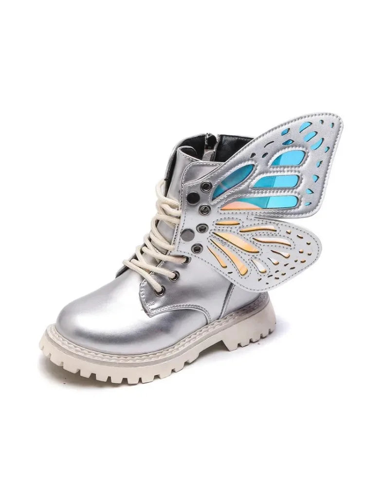 Children's Fashion Boots 2023 Spring New Girls Martin Boots Colorful Butterfly-knot Wings Mid-calf High Shoes Princess Boots