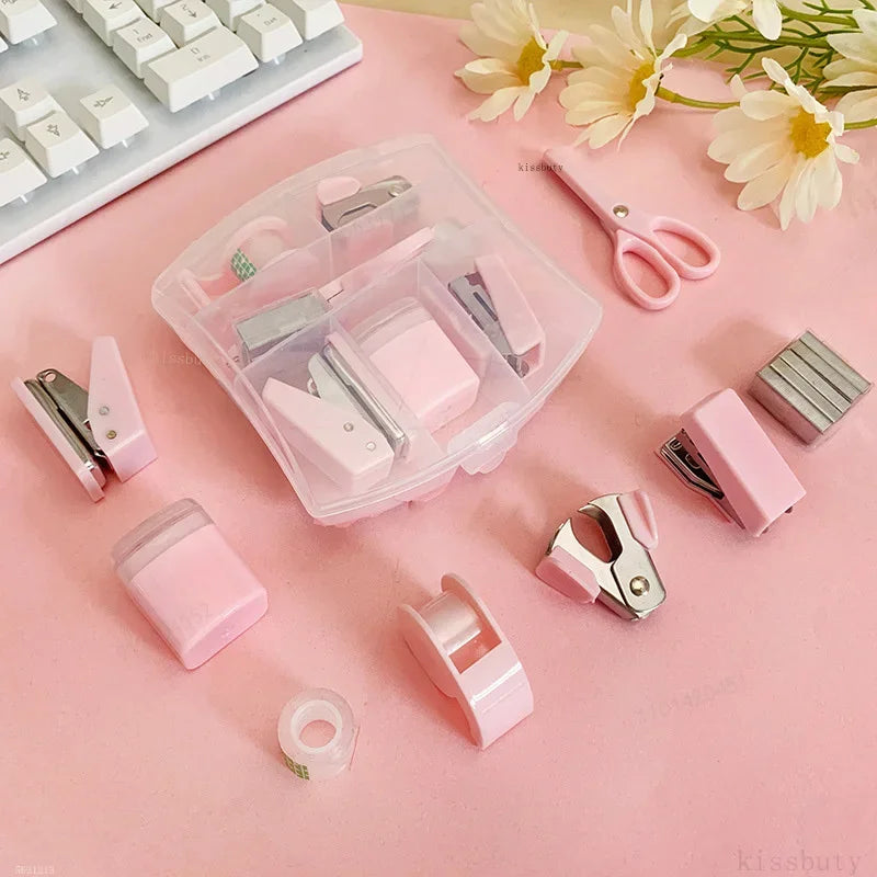 Mini Stapler Staple Punch Hole Tape Machine Set Ins Multifunction StationeryScrapbook Tool Box Office School Student Supplies