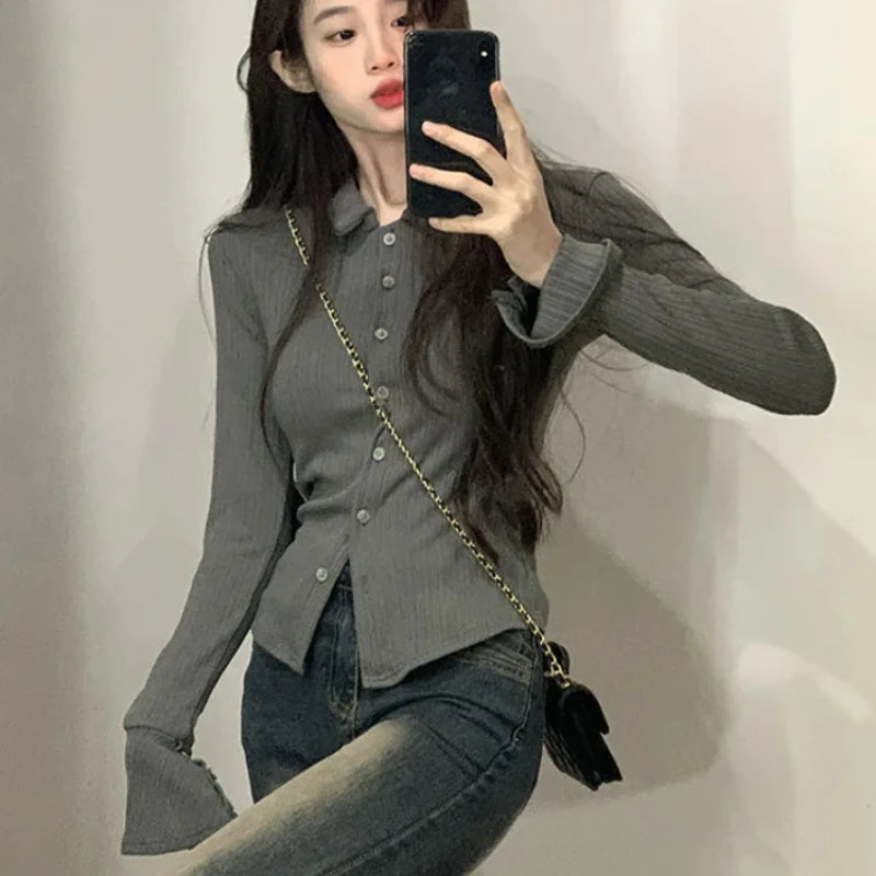 Polo Neck T Shirt for Women Spring Autumn Slim New Woman Tshirt Pretty Cheap Clothes Basic Korean Clothing Fashion 2025 Trend In