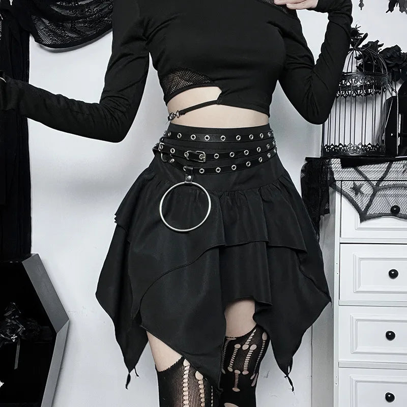 Women Gothic Punk Irregular Skirts New Sexy Solid Color Drawstring Tie-Up Ruched Ruffles Mini Skirt Summer Fashion Short Skirts