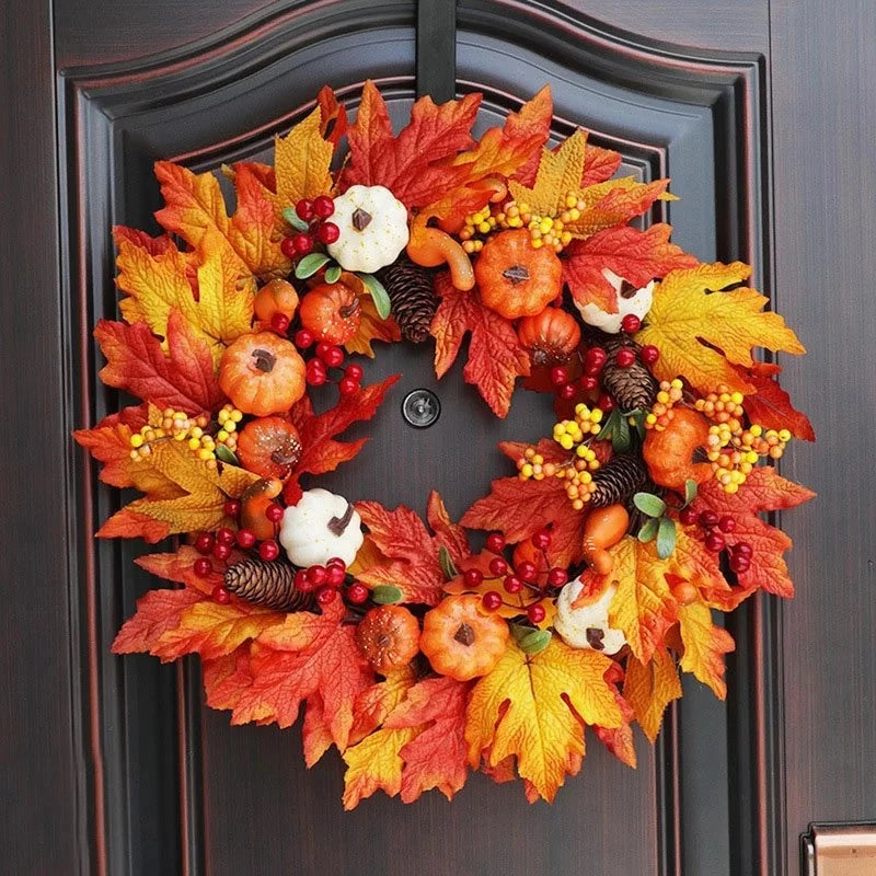 45cm Fall Wreaths Pumpkin Berry Maple Leaf Artificial Wreath Harvest Autumn Front Door Wreath Christmas Halloween Home Decor