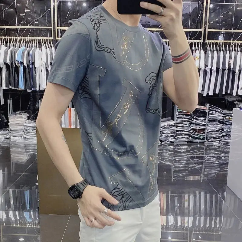 Summer Men Clothing Short Sleeve T-Shirts Streetwear Fashion Letter Thin Trend Vintage Casual Printing Round Neck Grey Slim Tops