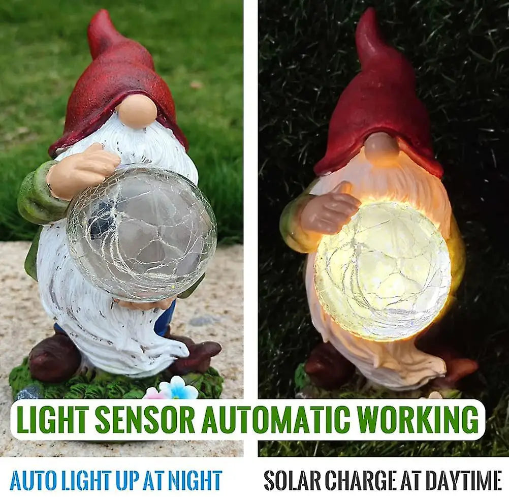 Garden Decoration Solar Light  RESIN Flocked Gnome Statue LED Lamp Outdoor Dwarf Figurine Sculpture Latern for Patio Lawn Yard