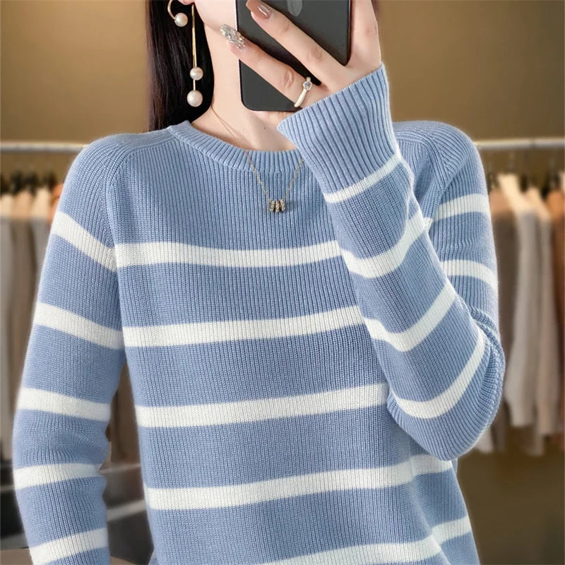 Women's boutique high-end round neck sweater knitted cashmere sweater Women's color matching pullover Long sleeved new cashmere