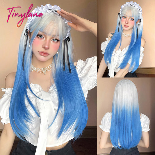 Long Ombre White Blue Synthetic Wigs with Bangs Blue Straight Colorful Cosplay Lolita Wig for Women Heat Resistant Natural Hair