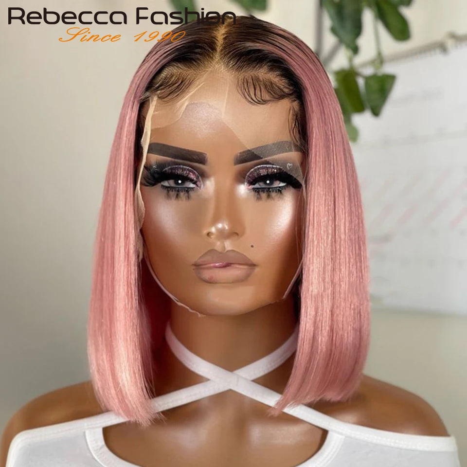 Short Cut Colored Pink Bob T Part Lace Wigs Human Hair Wigs 180D Transparent Ombre Pink Brazilian Straight Lace Front Wigs