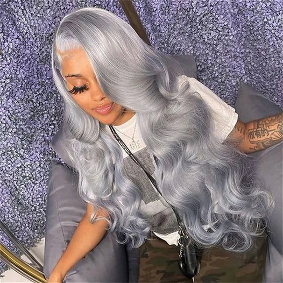 Grey Lace Front Wigs Human Hair Pre Plucked Silver Body Wave Human Hair Wig13x4 HD Transparent Lace Frontal Wig Glueless Silver