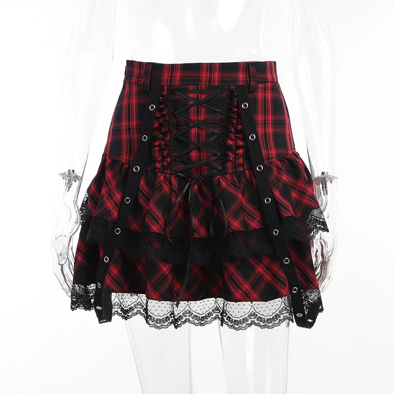 Gothic Harajuku Hot Girl Cake Dress Rock Red Sweet Soft Girl Punk Japanese Lace Plaid Mini Short Skirts Y2k Plaid Skirt