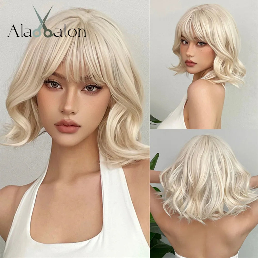 ALAN EATON Auburn Synthetic Wigs with Bangs Short Wavy Wig Red Brown Curly Hair for Party Cosplay Heat Resistant Fiber Wig