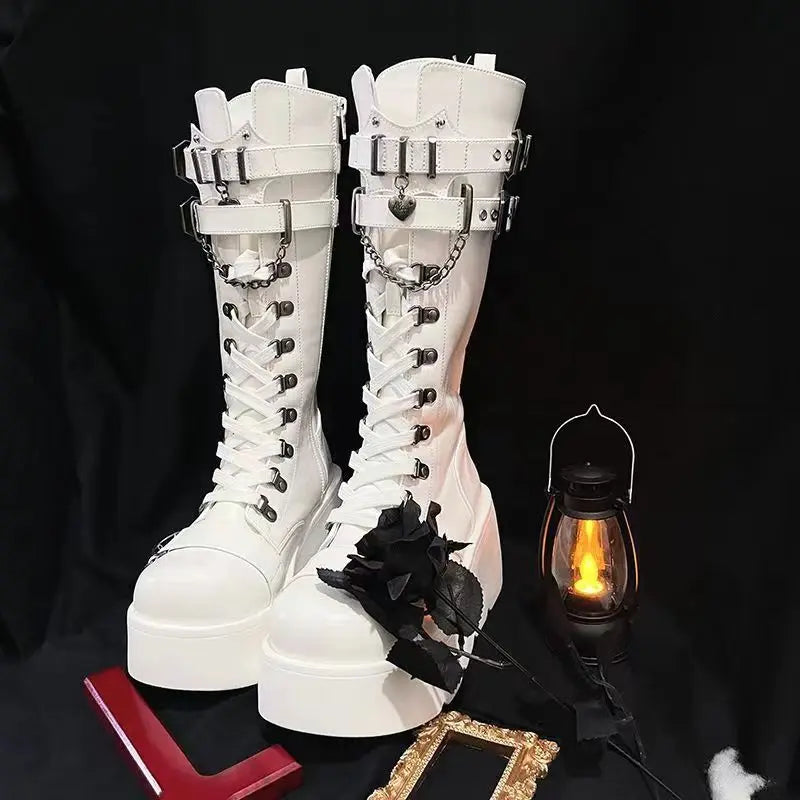 Black Platform Mild-calf Boots Punk Style Pu Leather Buckle Sloping Heel Botas Spicy Girls Lace Up High Heels for Women's Boots