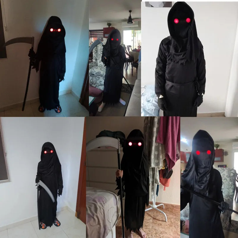 Child Horror Red Eye Grim Reaper Costume Scythe Devil Darkseid Ghost Cosplay Suit Halloween Hooded Party Dress Gloves