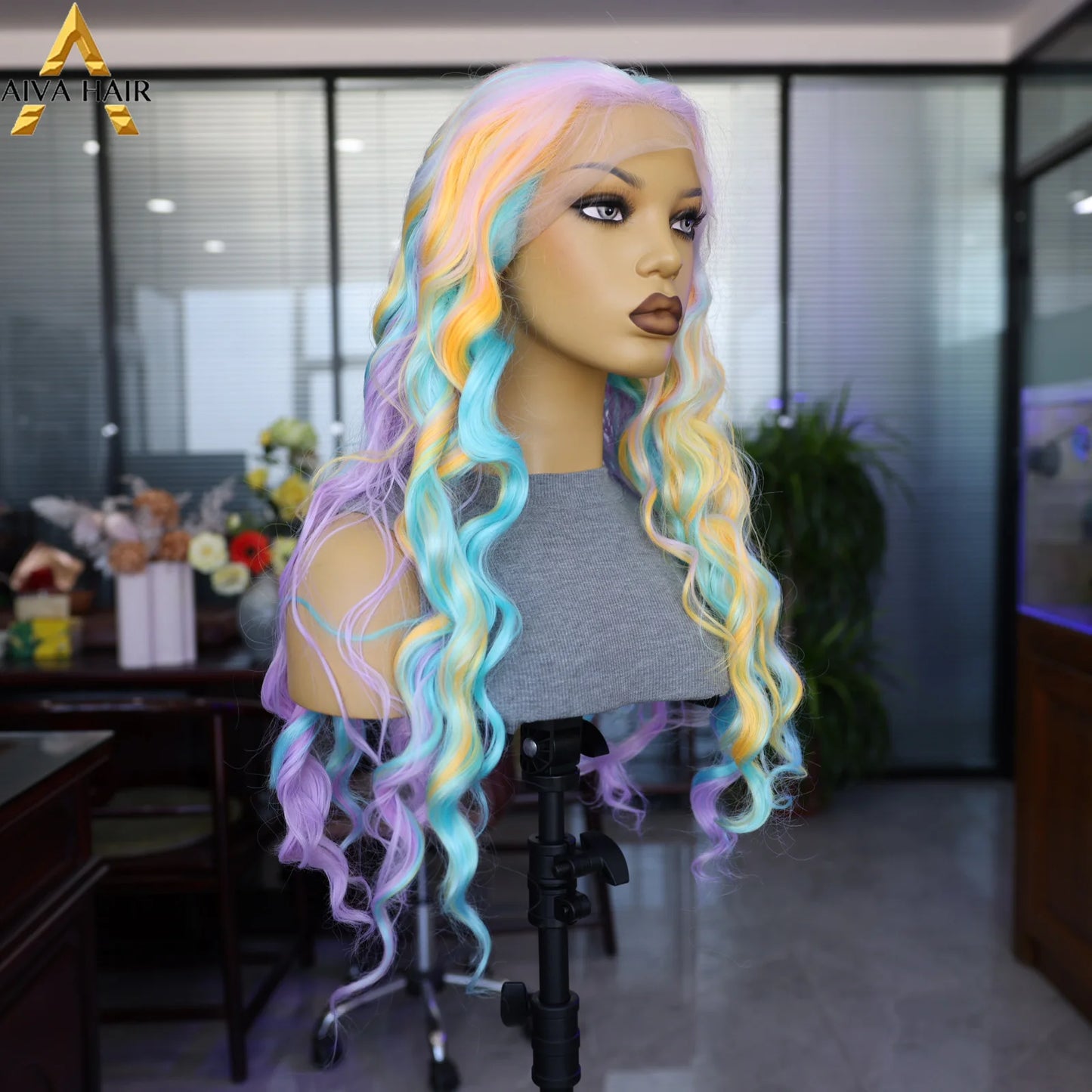 Aiva Rainbow Lace Front Long Wave Wig Multi Color Mixed Wig For Cosplay Party Wig Transparent Lace High Temperature Resistant