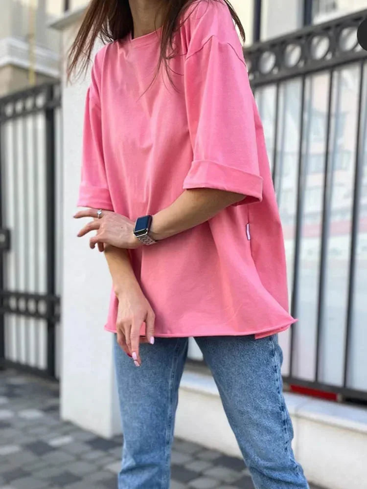 Summer Women's T-shirt Short Sleeve 100 % Cotton Oversized T-shirts Loose Casual O Neck Solid Blue Orange Tees Clothes for Women