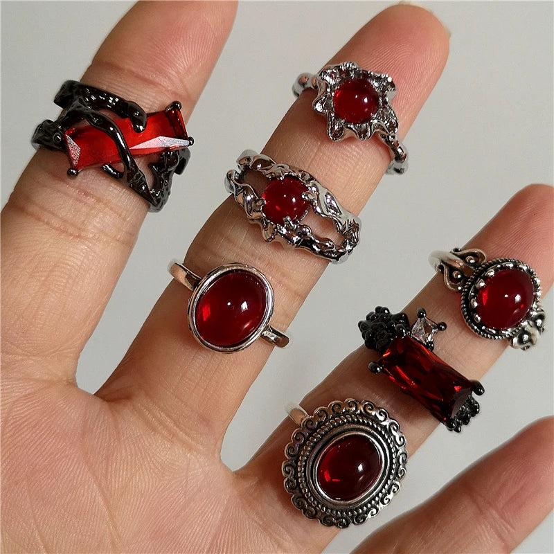 Vintage Y2k Gothic Red Crystal Glass Irregular Geometry Aesthetic Open Rings For Women Punk Creative Grunge Jewelry Accessories