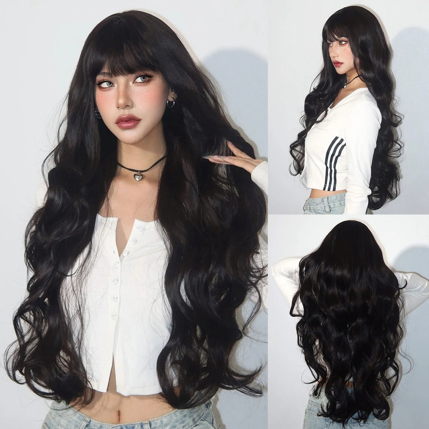 Light Green Long Wavy Synthetic Wigs with Bangs Blackish Green Cosplay Wig for Women Lolita Wig Heat Resistant Natural Hair