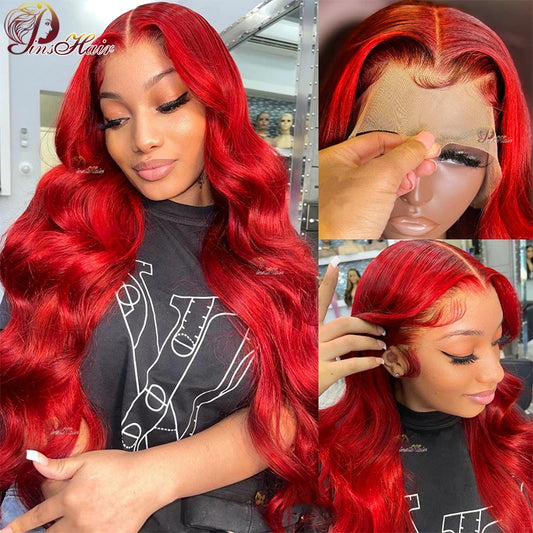 Red Body Wave Lace Front Human Hair Wigs 13x6 Transparent Lace Frontal Wig Burgundy Color Remy Human Hair Pre Plucked 34 inches