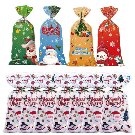 30/50pcs Colorful Christmas Candy Cookie Packing Bags Gift Wrap Bag Santa Snowman Xmas Baking Bread Bags Festival Party Favor