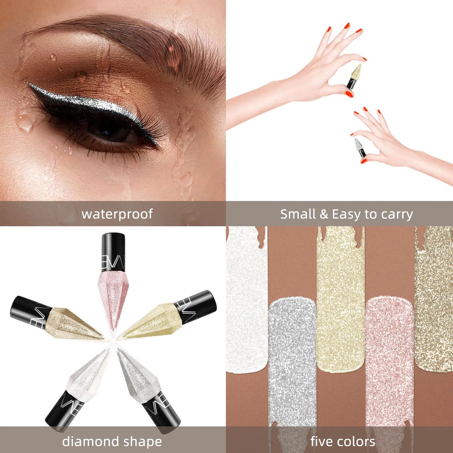 Diamond Shiny Eye Liners Eyeshadow Waterproof Silver Rose Gold Color Glitter Sequins Eyeliner Eye Shadow Makeup Beauty Cosmetics