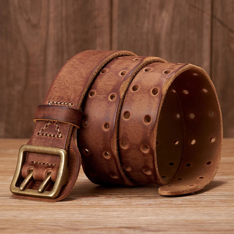 Thick Original Leather Belt Vintage Men Wide Belt Male Cowhide Real Genuine Leather Double Prong Buckle Strap Cowboy Jeans Belt