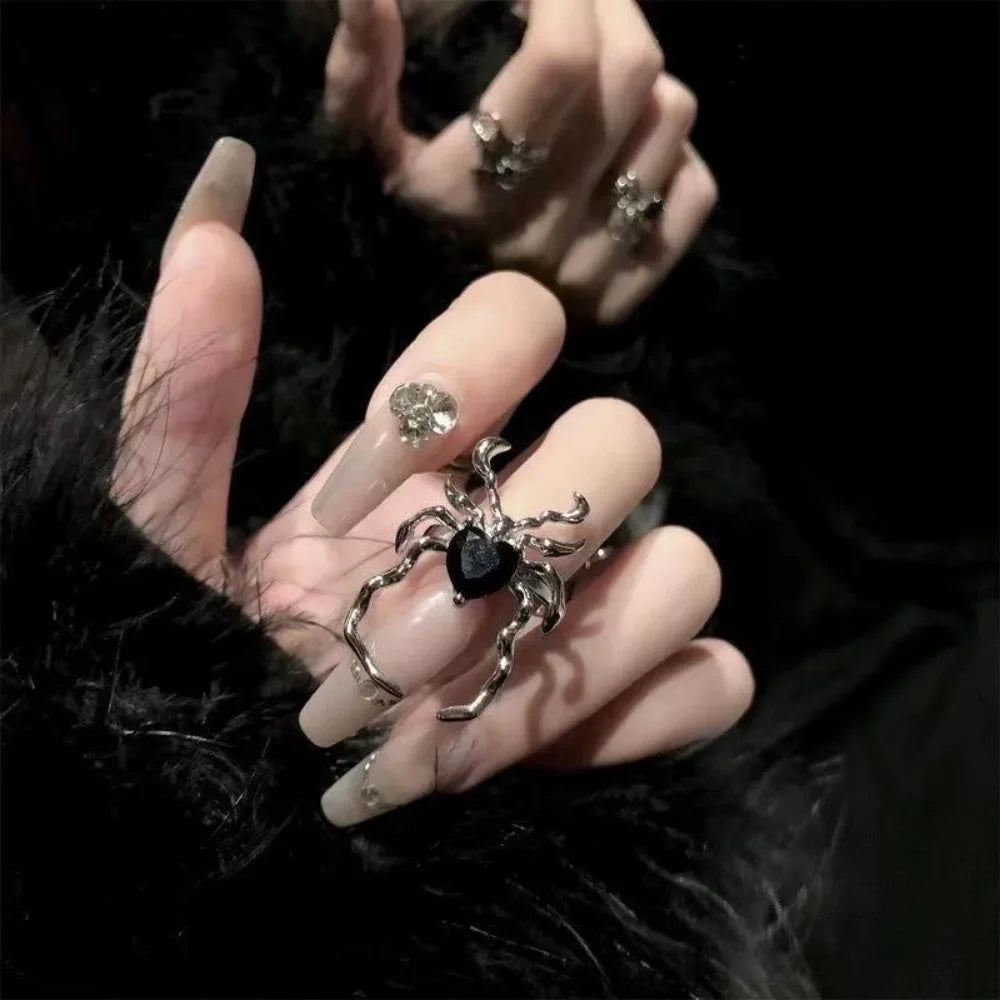 Punk Dark Style Animal Spider Opening Rings for Women Men Personality Black Crystal Hip Hop Rock Party Finger Jewelry Y2K Gift