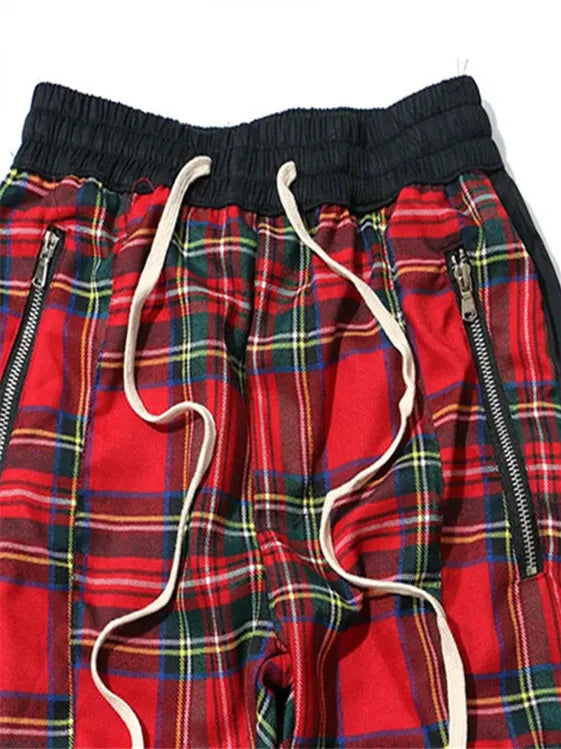 2024 Spring and Autumn hip hop pants Scottish lattice zipper slim pants men's casual pants elastic waist sports hipster men