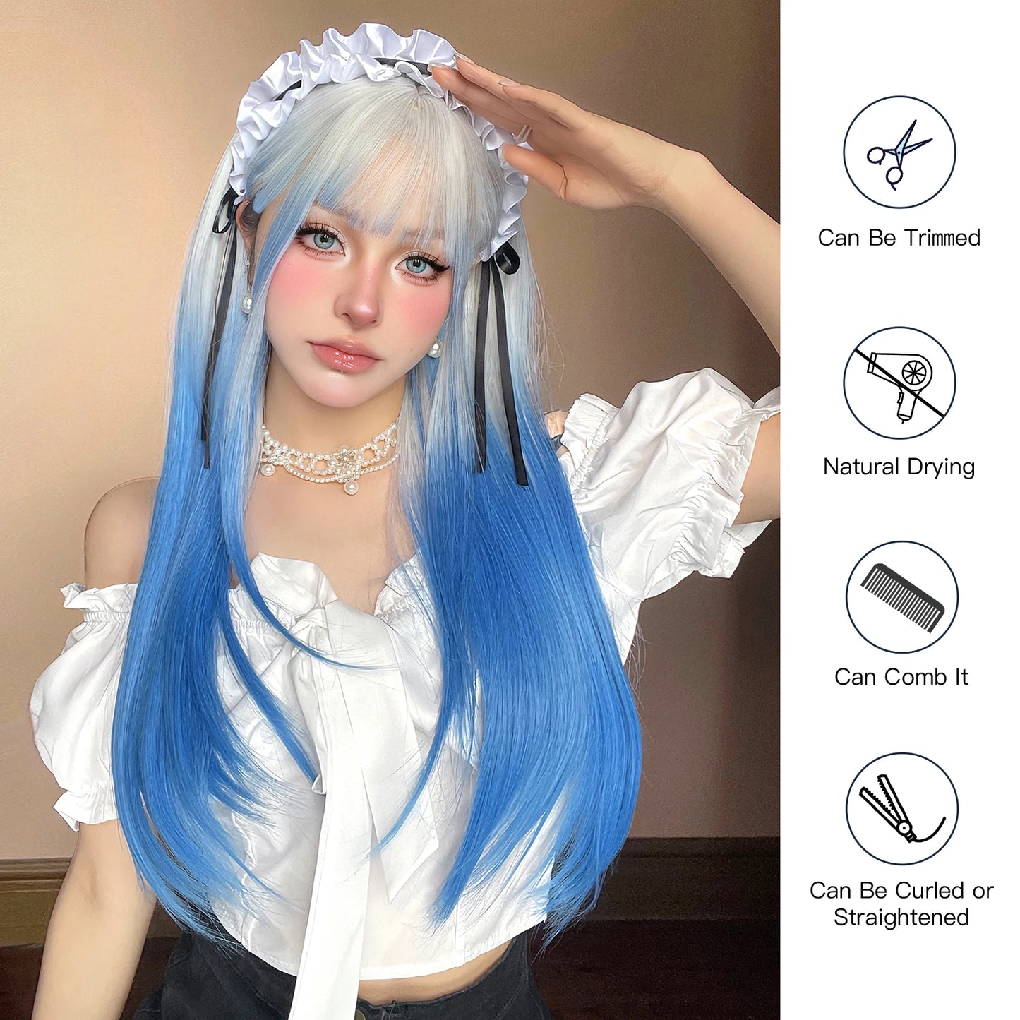 Long Ombre White Blue Synthetic Wigs with Bangs Blue Straight Colorful Cosplay Lolita Wig for Women Heat Resistant Natural Hair