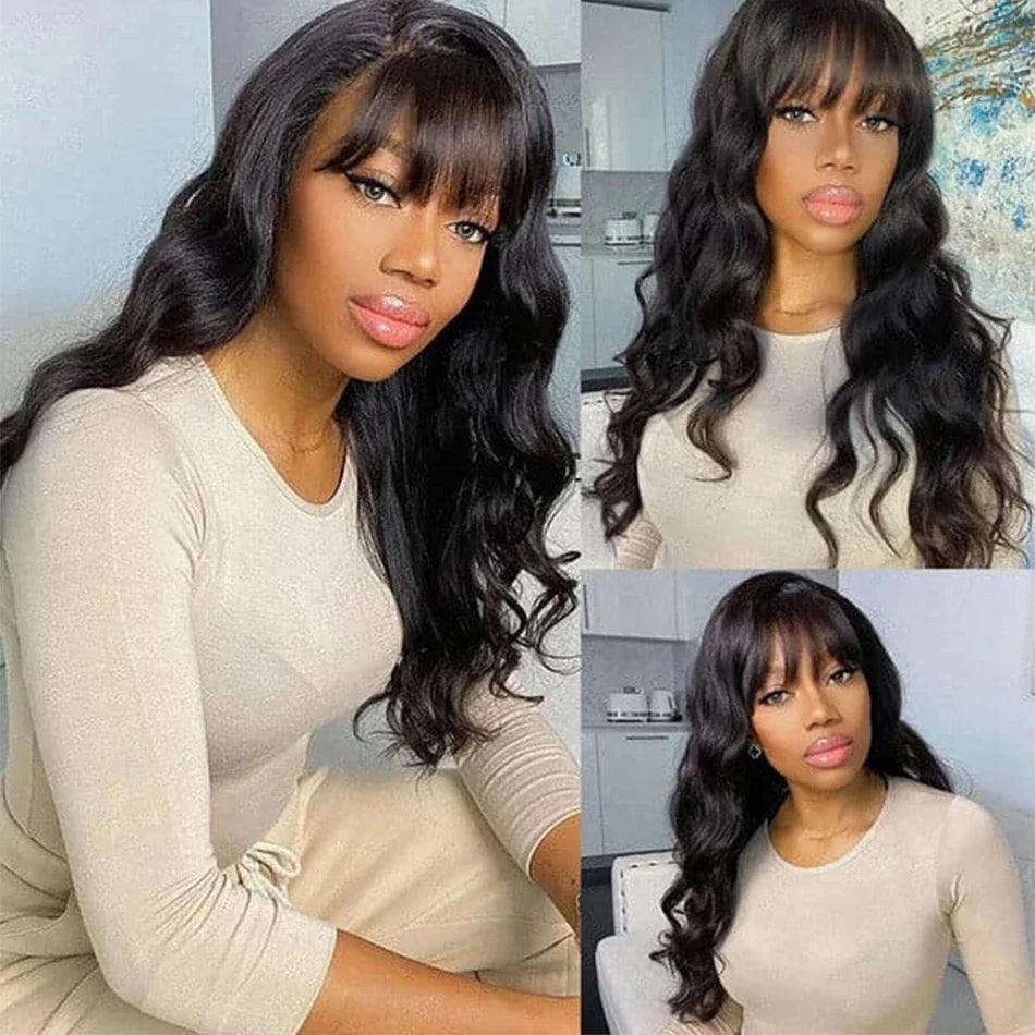 30 inch Body Wave Human Hair Wigs with Bangs Wig Brazilian Hair Wig with Bangs Full Machine Made Wigs For Women 180% Density