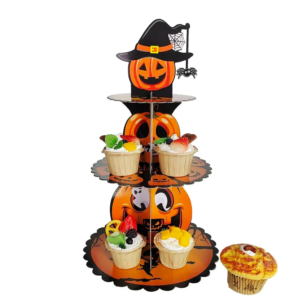 Halloween Dessert Tower Spooky Face Arachnid Gourd 3 Tier Cupcake Display Witch Cap Topped Paper Stand Eerie Festivity