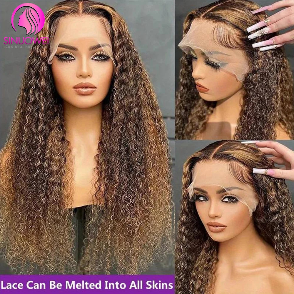 Highlight Wig Human Hair 13X6 Water Wave Frontal Wig Brazilian Curly P4/27 Honey Blonde Highlight Lace Frontal Wigs For Women