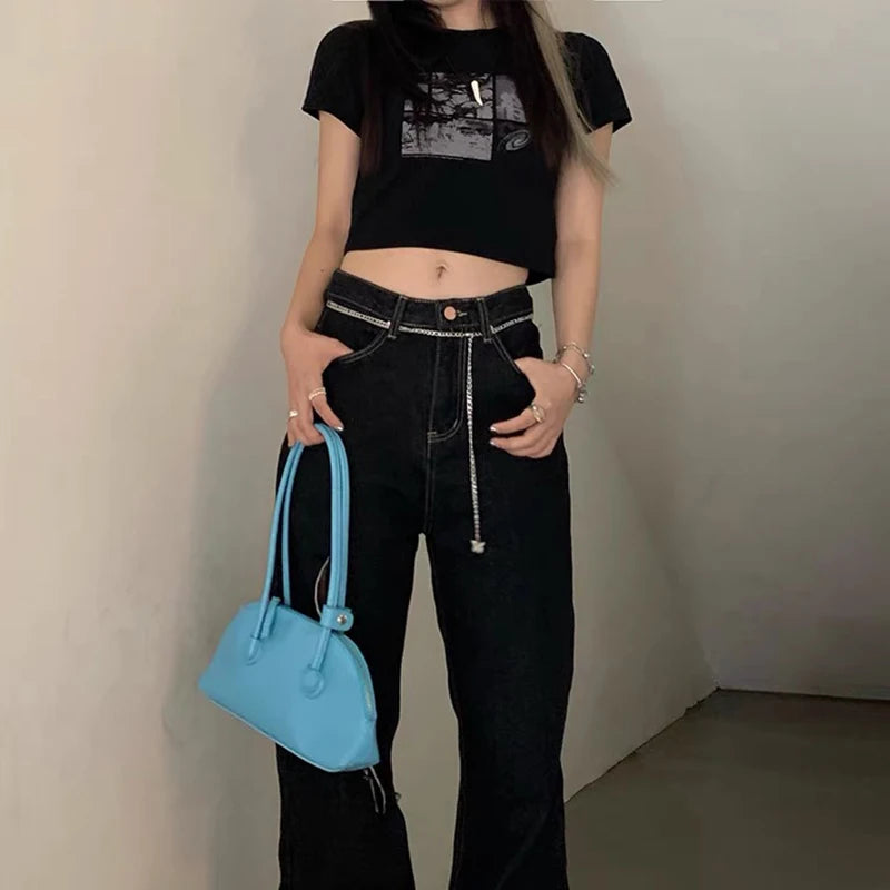 90s Black Rock Gothic Harajuku Vintage  Graphic Slim Short Crop Top Streetwear Summer Harajuku Y2K Punk Chic Women T-Shirt