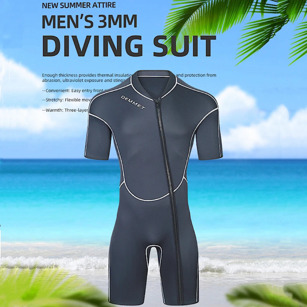 New DEMMET1.5/3M Neoprene Men's Short Sleeve Wetsuit Front Unzipper Snorkeling Surfing Swimsuit Keeps Warm