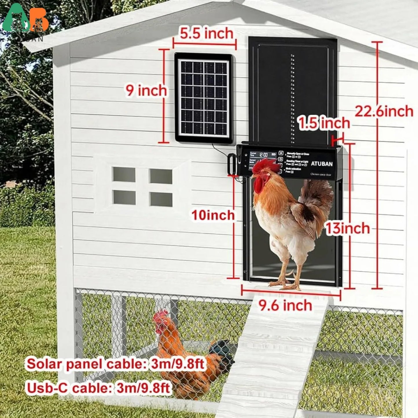 Automatic Chicken Coop Door Solar Powered,Atuban Chicken Door with Timer, Aluminum Alloy Chicken Door with Remote Control & IP45