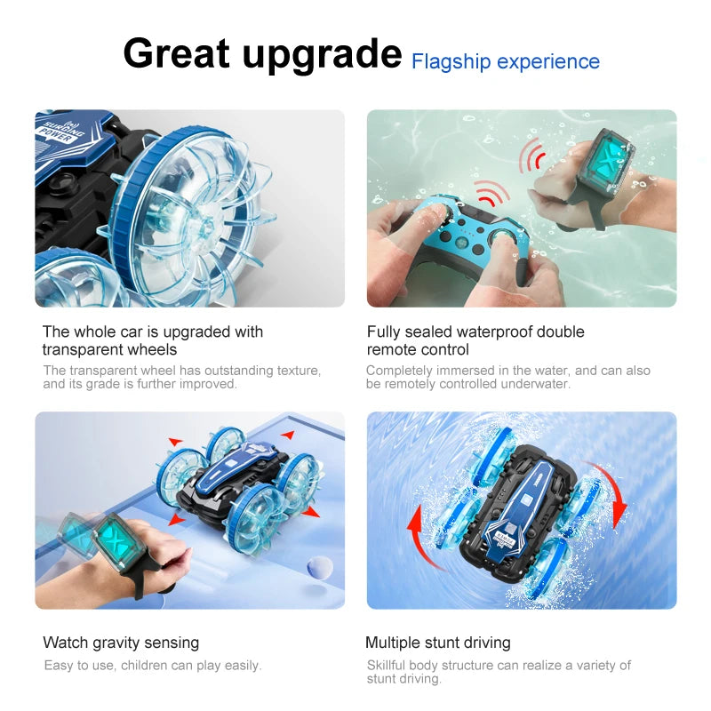 New LED Amphibious RC car Dual remote control waterproof stunt car double side flip drift drive 360 ° rotation rc cars Kids toy