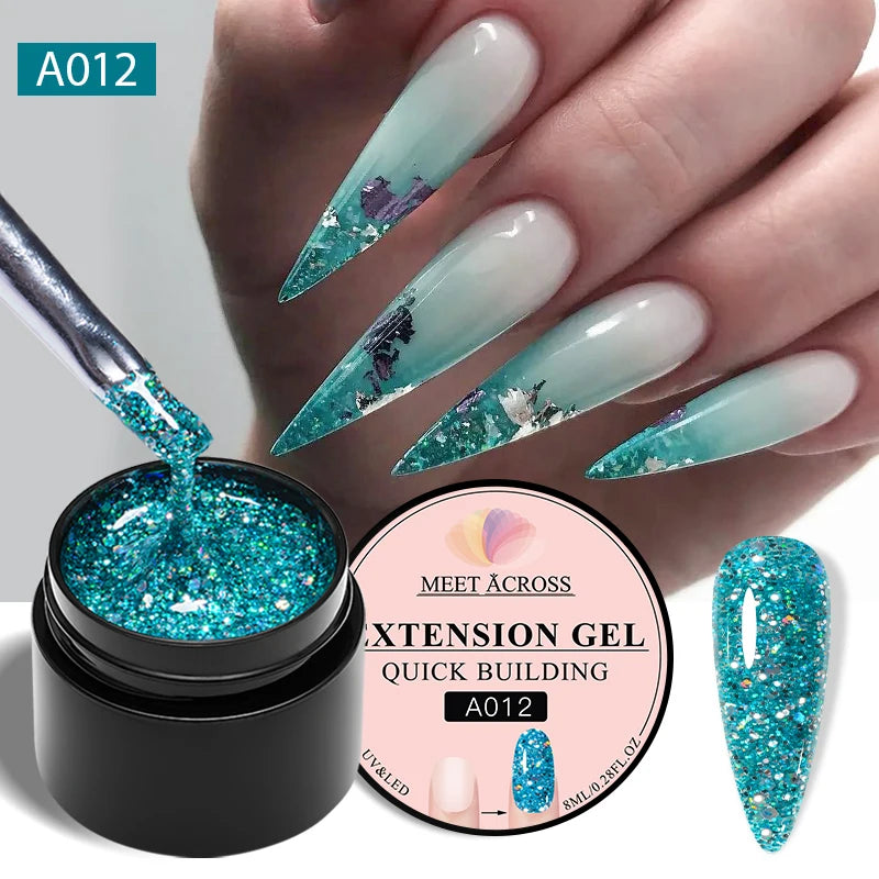 MEET ACROSS 7ML Pink Glitter Quick Extension Gel Nail Polish Gold Foils Effect Vernis Semi Permanent UV Gel Nail Art Hard Gel