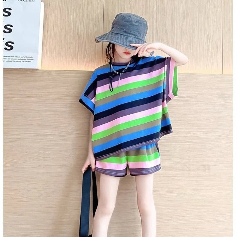 Summer Children Girls Clothes Set Fashion Rainbow Stripe T-shirts and Shorts 2 Pieces Suit Teenage Top & Bottom Outfits