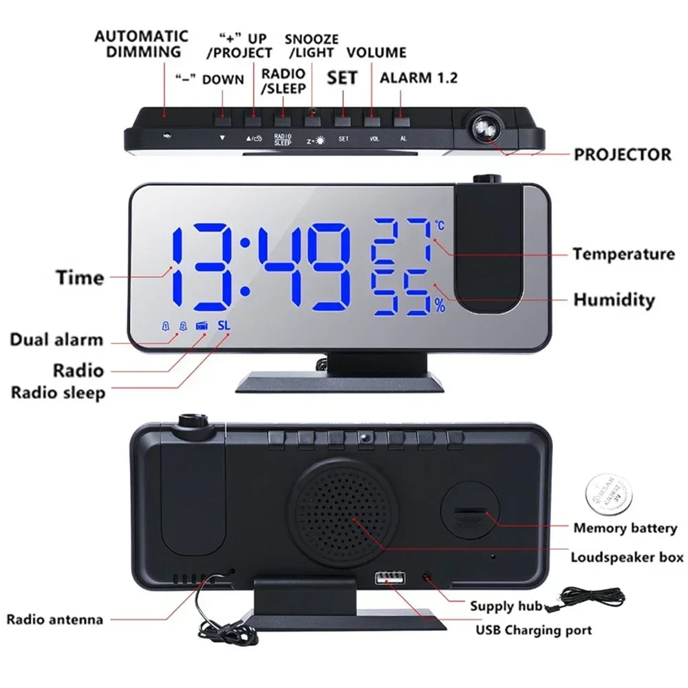 LED Digital Projection Alarm Clock Electronic Alarm Clock with Projection FM Radio Time Projector Bedroom Bedside Mute Clock