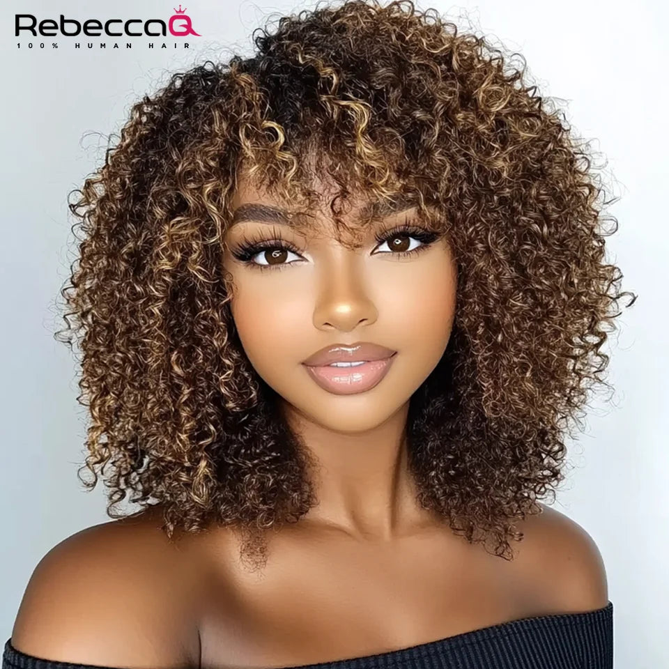 Short Curly Wig With Bangs Ready to Go Human Hair Afro Kinky Curly Wig Highlight Glueless Full Machine Made Wig 250 Density Remy