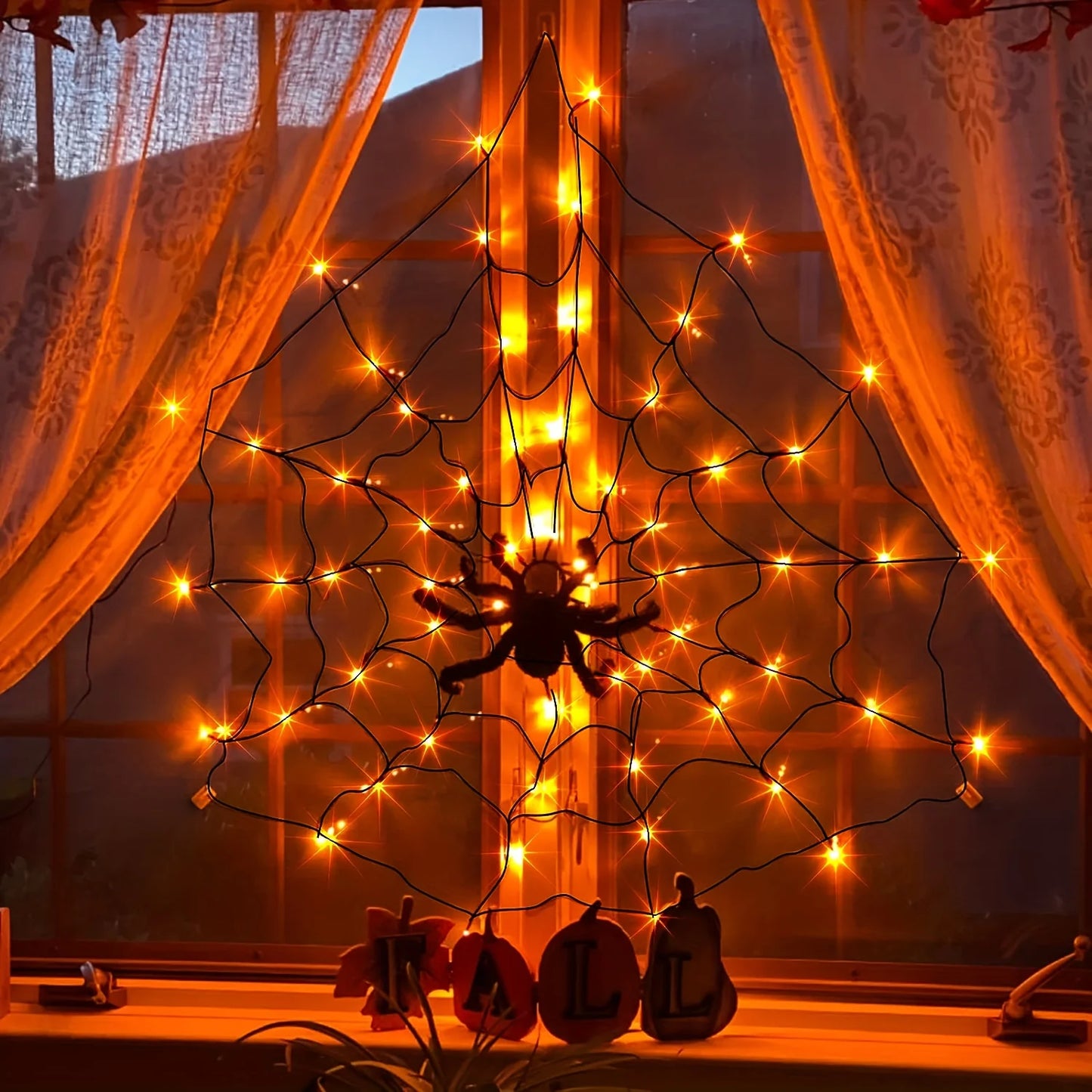 Halloween Spider Web Lights Spider Net LED String Lights with 8 Lamp Mode for Haunted House Halloween Home Window Wall Decor