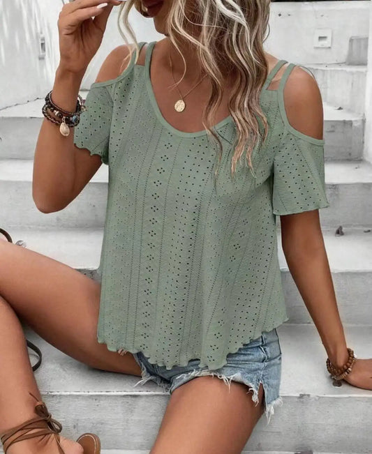 Women’ Eyelet Embroidery Cold Shoulder Tee Boho Lettuce Trim Short sleeve T Shirt For Summer Ladies Clothes For Daily Wear