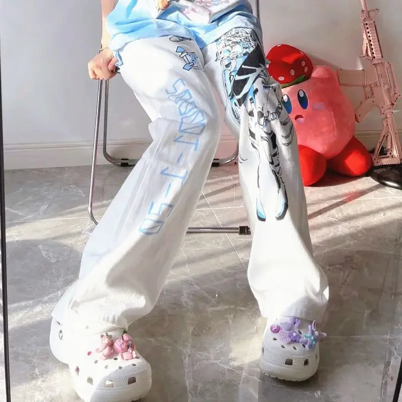 Y2K Anime Print White Pants Women Harajuku Manga Subculture Wide Leg Trousers Japanese Style Kawaii Cartoon Sweatpants