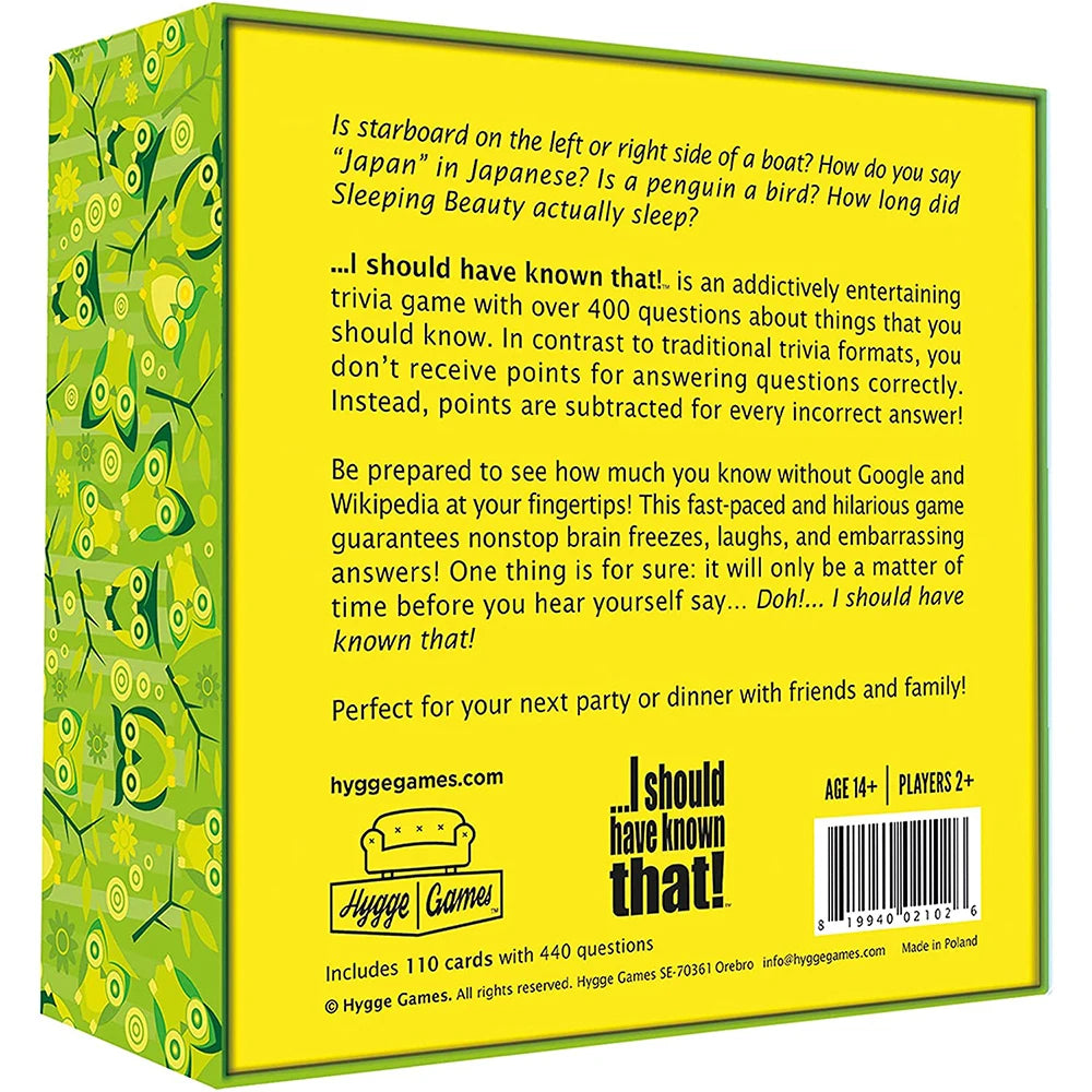 I should have known that! Card Game Green board game 110 cards with more than 400 questions about things that you should know