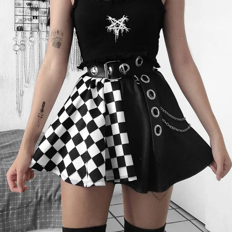 FICHOR Punk Skirt Gothic Plaid A Line Mini Harajuku Streetwear Sexy Plaid Patchwork Skirt E Girl Grunge Y2K Club Wear